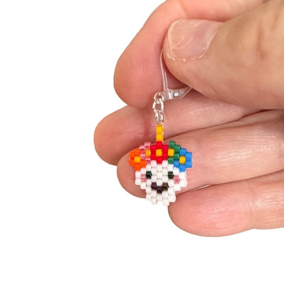 Handcrafted beaded Dia de Los Muertos leverback earrings Miyuki Delica beads - Picture 4 of 5